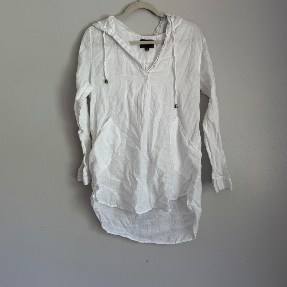 Forcynthia Beachwear White 100% Linen Hooded‎ Tunic Cover Up Womens Large